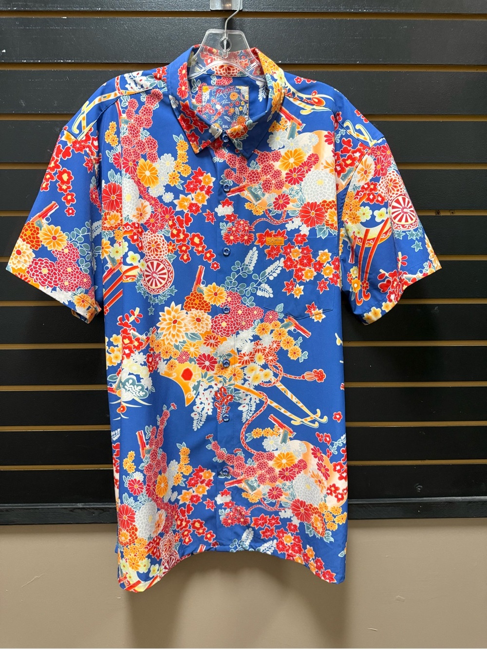 Retro Rifle Romeo Style Men’s 2XL Japanese Floral Hawaiian Button Up Shirt Blue